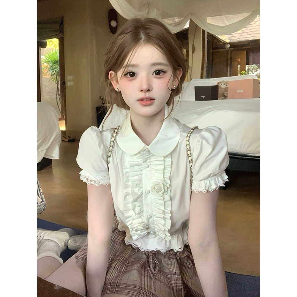 Sweet Girl's Summer Floral Lapel Waist-Cinching Short-Sleeve Shirt + Plaid Floral Skirt-Pants Set for Women