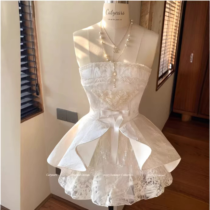 French-Style High-End White Strapless Robe, Bridal Engagement Evening Dress, Petite Adult Ceremony Banquet Elegant Short Dress