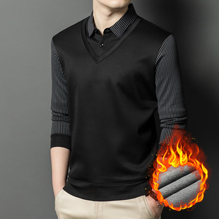 Winter 2024 Middle-aged Men's Fake Two-piece Sweater Light Mature Casual Striped Printed Warm Lapel Base Shirt for Men