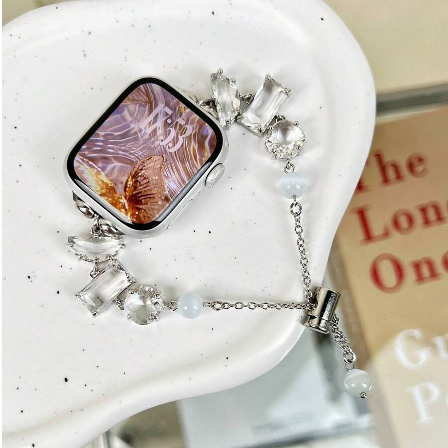 Cross-border applicable Apple Watch band, metal iWatch 11 new gemstone diamond cat's eye pendant watch chain