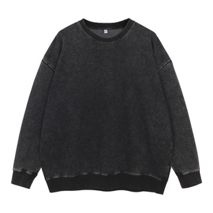 Spring and Autumn New Heavy Trendy Brand Tray Wash Water Old Round Neck Fried Snowflake Stitching Pure Black Hem Pullover Sweater for Men