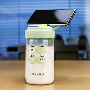 Tide Ka Printed Glass Women's New 2025 High Color Value Bubble Tea Cup Green Green Apple High Borosilicate Double Drink Cup