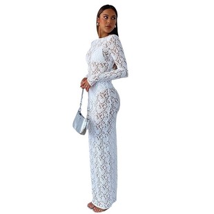 2023 autumn new women's clothing foreign trade Amazon Europe and the United States hollow lace pattern perspective slim long dress
