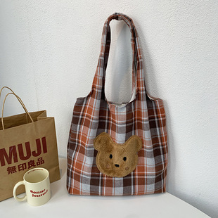 Autumn and Winter New Brown Plaid Bag Women's All-match Large Capacity Plush Bear Bag Instagram Style Embroidered Canvas Bag