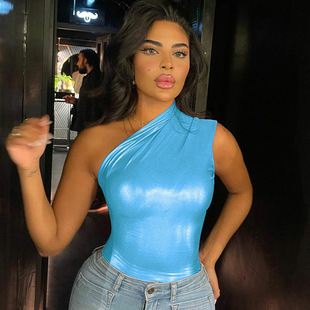 2023 Summer sexy imitation PU slim sleeveless fashion all-match jumpsuit women's jumpsuit Amazon one-piece delivery