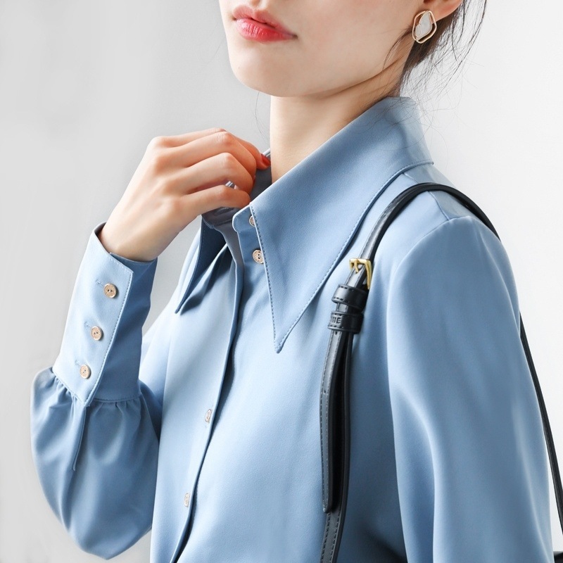 Haze Blue Pointed Collar Shirt Women's 2025 Spring and Autumn Design Niche Commuting Professional Shirt Acetate Satin Top