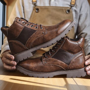 Cross-border plus size Men's Leather Boots Autumn and Winter Fashion Trendy Men's Mid-range Short Boots American Size Workwear Boots High-top British Martin Boots