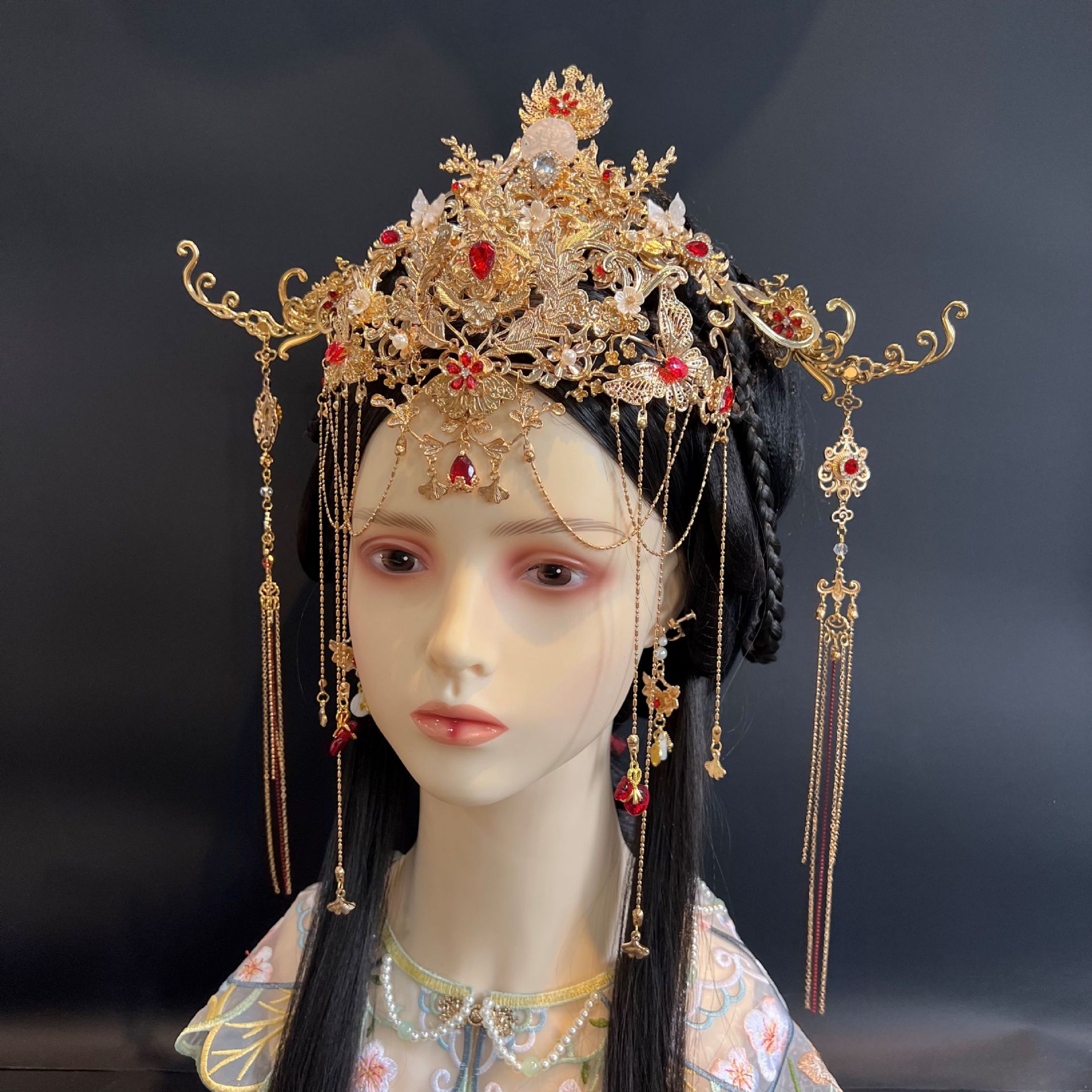 Heavy-Duty Hair Crown Wedding Hair Accessory Set, Forehead Ornament, Forehead Crown, Tassel Hairpin, Hair Stick, Hanfu Ancient Style Headpiece, Flower Wreath Headpiece
