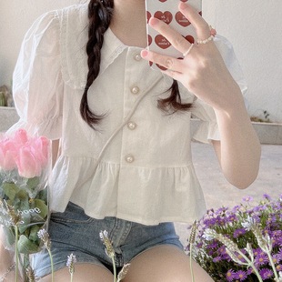 Short-sleeved Shirt Design Sense 2024 Summer Hong Kong Style Chic Short Chic Top Women's Puff-sleeved Doll Collar Shirt
