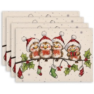 Christmas Crossover New Arrival Buffalo Plaid Dwarf Snowman Christmas Tree Placemat suit Printed Linen Heat Insulation Mat Table