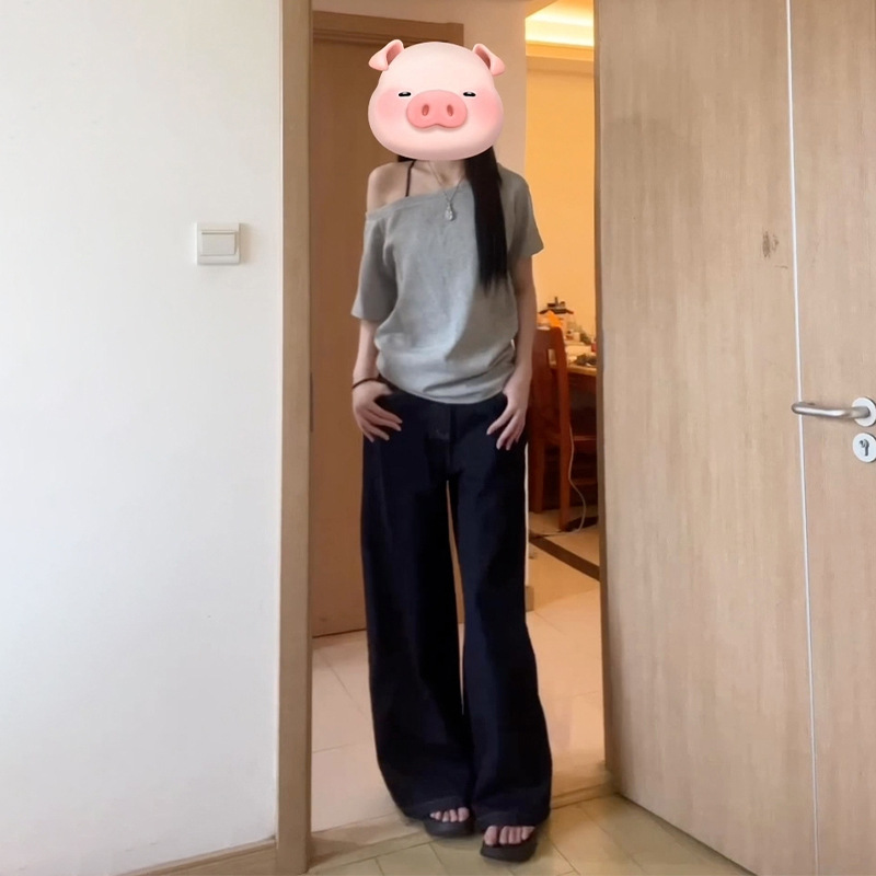여름 여성을 위한 한국식 레이지 스타일 사선 넥 오프 숄더 반팔 티셔츠 새로운 루즈 슬리밍 캐주얼 다용도 시크 탑