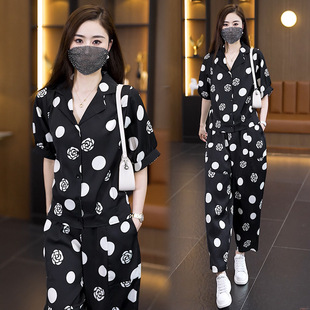 Hong Kong Style Large Size Women's Clothing Age-reducing Western Style Fashion Casual Sports Suit Fashionable Elegant Shirt Two-piece Pants Summer