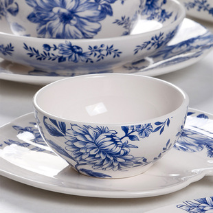 OMK Creative New Chinese Restaurant Dinner Plate Bowl Set Glaze Color Blue and Green Blue Ceramic Flat Plate Soup Plate Wholesale