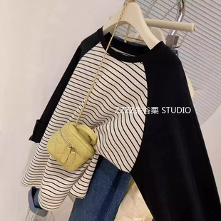 Korean Style Unique Chic Raglan Sleeve Base Shirt Top Striped Loose Slimming Age-reducing Fashionable Contrast Long Sleeve T-shirt