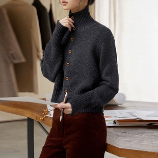 2024 New Autumn and Winter Stand-Up Collar Versatile Wool Turtleneck Pullover Knitted Sweater Cardigan with Jacket Inside