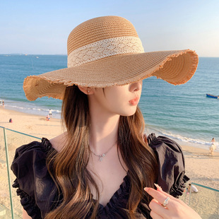 Lace Bow Straw Hat Women's Summer French Style Big Brim Sunshade Sunscreen Hat for Seaside Beach Holiday Sun Hat