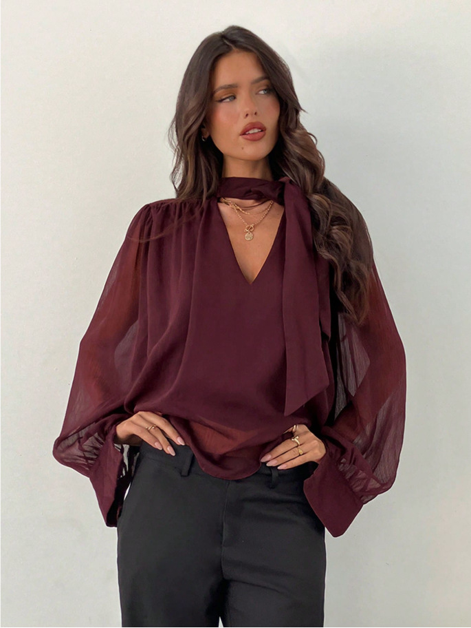 French-Style Retro Elegant Slim-Fit Shirt for Women, Elastic High-Waisted Unique Top with Deep V-Neck, Tie-Neck, Long-Sleeve Blouse