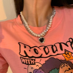 Korean-style Sweet Cool ins Fashionable Pearl Black Love Necklace Women's Niche Design High-grade Clavicle Chain All-match Sweater Chain