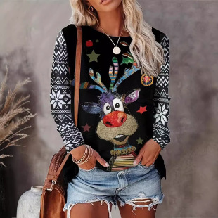 Europe and the United States cross-border Amazon women's TEMU explosions selfie Christmas casual top printed long sleeve T-shirt women