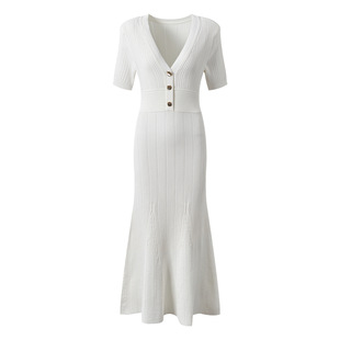 Cross-border Elegant V-neck Hollow-out Hip Skirt Spring New High-end Sense Knitted Dress Tight Slimming dress