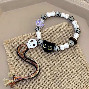 Skull Cat Ceramic Woven Rope Bracelet Female Niche Design Sweet Cool Chinese Style Tassel Color Bracelet