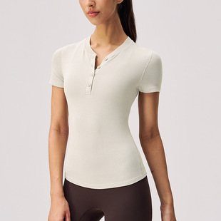 Hoid Trght Series Henry Collar T-shirt High-end Yoga Suit 5A Bacteriostatic Elastic Slim Fit Sports Training Short Sleeve