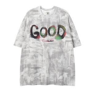 2025 Summer New American Style Retro Heavy Industry Washing Craft Letter Printing Design Sense Casual Loose Men's Short Sleeve