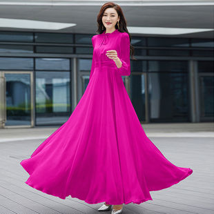 2022 New Women's Long-sleeved Led Solid Color Chiffon Dress Slim-fit Slimming Beach Holiday Long Large Dress