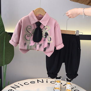 Boys Children's Wear suit Spring Children's Casual Tie Printed Color-block Shirt Children's Spring and Autumn Fashion Two-piece Set