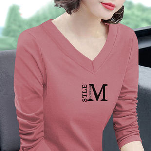 New 100% Cotton Long-sleeved T-shirt Women's 2025 Autumn plus size Loose V-neck Versatile Autumn Top Middle-aged Base Shirt