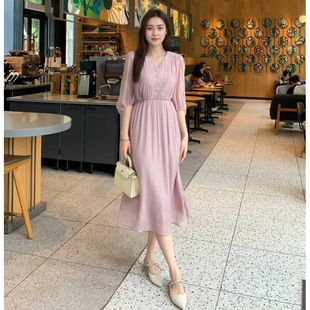 Galaxy Soft Purple 2025 Summer New Style Slim Collar Bronzing Dress Women's Mid-Length Style