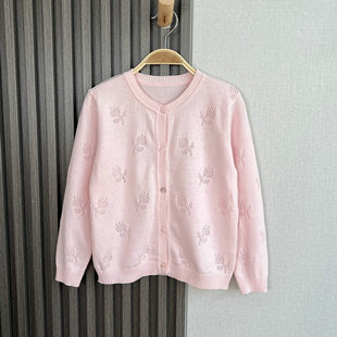 Spot girls cotton air conditioning shirt 24 years spring and summer children sweet hollow single breasted knitted sweater cardigan
