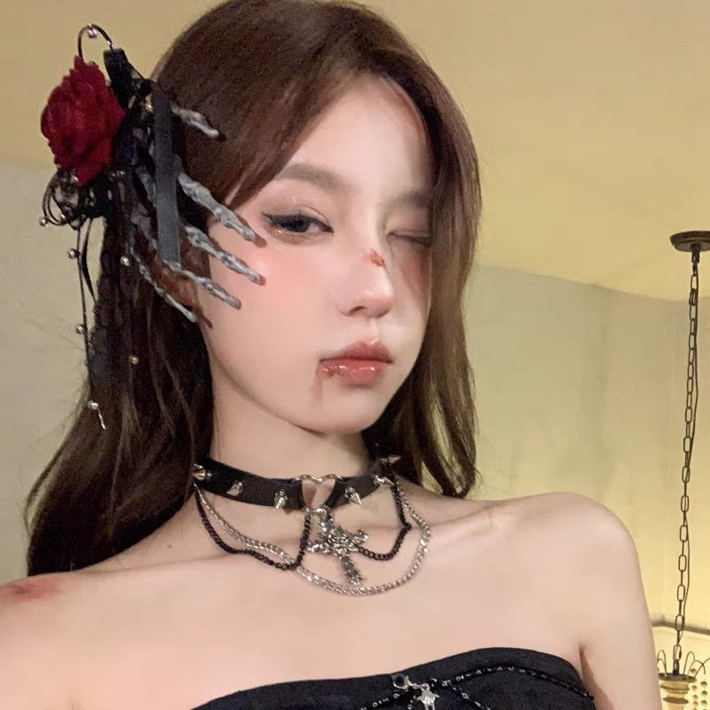 Halloween Headwear Cos Lolita Dark Gothic Wine Red Rose Skull Finger Hairpin Hair Accessories Props Dress Up