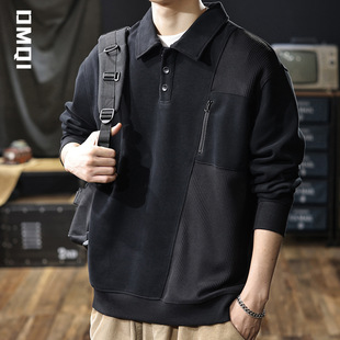 360g heavy high-end trend stitching polo shirt sweater men's spring and autumn loose plus size American Paul long sleeve