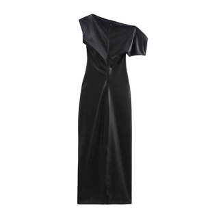 10898 European and American Street Trendy Solid Color Pullover Oblique Collar Asymmetrical Short Sleeve Imitation Leather dress PU Leather New dress