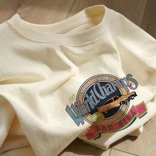 American Style Retro Heavy Cotton Short-sleeved T-shirt Women's Summer Loose Korean Style Fashionable oversize Shoulder Top