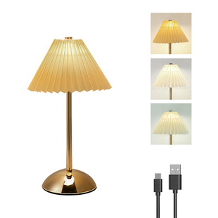 Pleated Lampshade Small Table Lamp Bedside Lamp Creative Fabric Lampshade with Metal Base Bedside Decorative Table Lamp