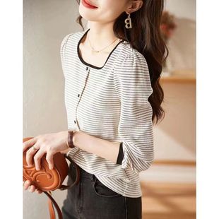 Simple commuter contrast color striped semi-high collar bottoming shirt 2022 winter New Design feeling all-match warm bottoming shirt