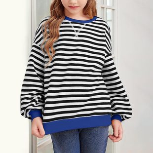 2024 Home Casual New Spring Simple Striped Crewneck Long-sleeved Children's Style Pullover Color-block T-shirt