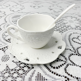 Pure white ceramic embossed coffee cup ins high-value mug European-style afternoon tea tableware a complete set of ritual feeling