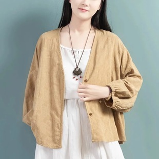 Spring and Summer Cotton Linen Jacquard Cardigan Solid Color T-shirt Women's New Artistic Loose Slimming Bat Sleeve Long-sleeved Jacket