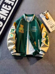 Embroidered Leather Baseball Suit Puppies Handsome Men's Spring and Autumn Fashion Brand Couple's Towel Embroidered Clothes Fashionable Jacket Woolen Jacket
