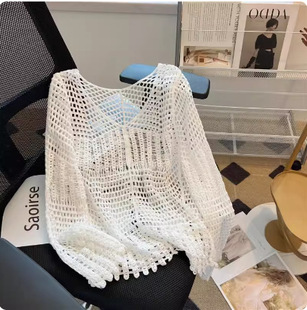 Korean-style V-neck slouchy thin sweater women's design sense summer exterior sexy hollow long sleeve sunscreen blouse