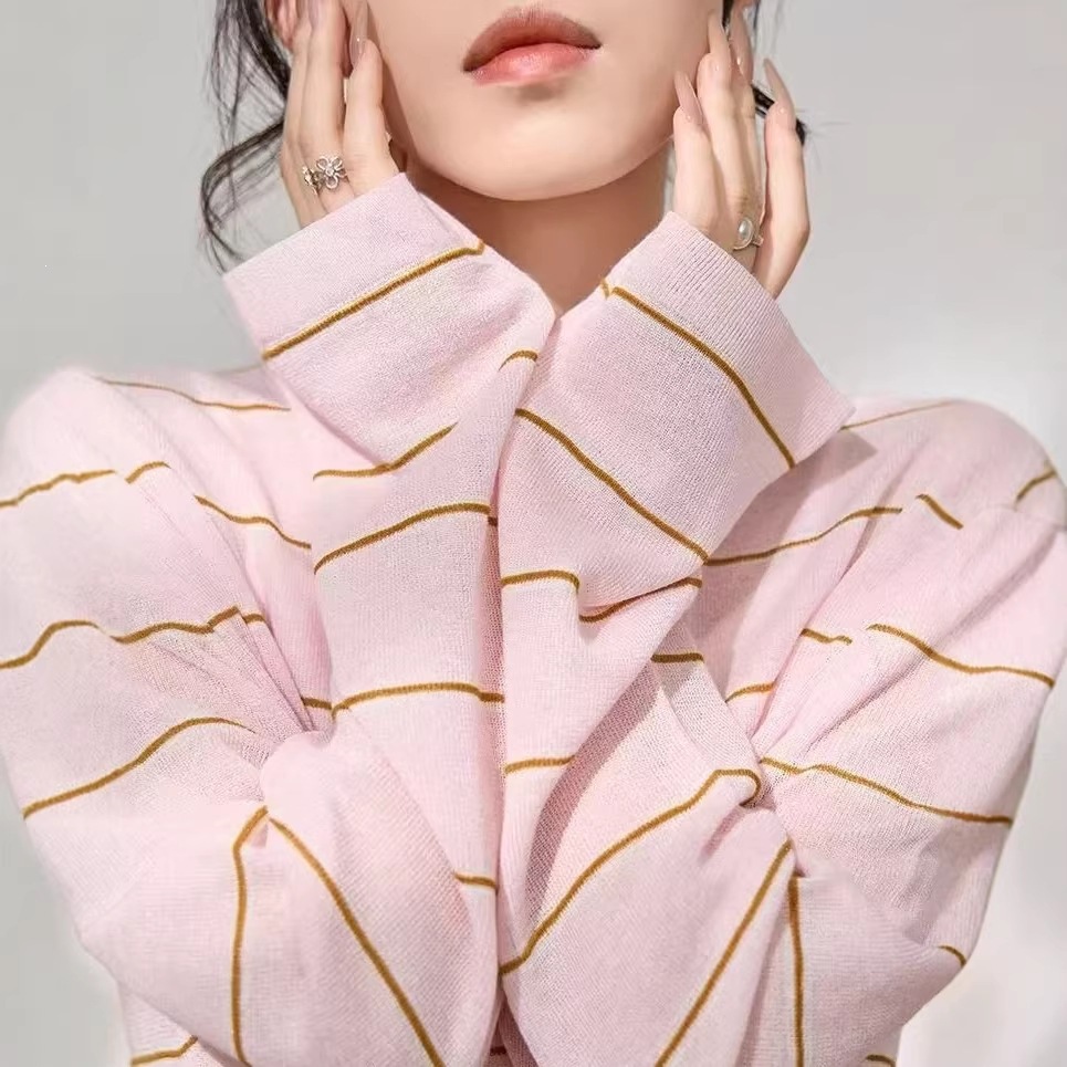 Early Spring Age-Reducing Casual Versatile Base Shirt Korean Style Lazy Style Pink Round Neck Thin Blouse for Women