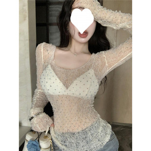 Heavy Industry Diamond-encrusted Lace Perspective Long-sleeved T-shirt Women's Summer New Spice Girls All-match Slim-fit Design Sense Blouse Top