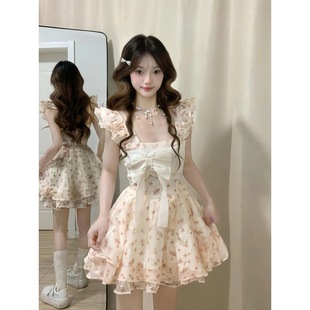 French Style Sweet Fresh Style Bow Floral dress Women's Summer Tight Waist Slim-fit Slim-fit A- line Short Dress