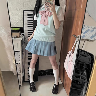 Japanese JK uniform pine blue original pullover vest academic style all-match waist short sleeve plaid skirt skirt four-piece set