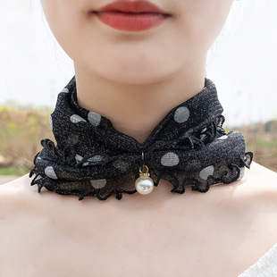 Летний сетчатый шарф-водолазка Золотой жемчужный шарф Корейская Мода Ruffled Печатный шарф на шею Летний женский