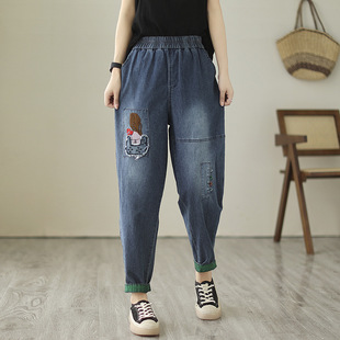 Real shot 2023 new elastic thin Denim embroidered washed cropped pants ethnic style harem jeans for women