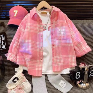 Girls' Coat 2024 New Spring Clothes Children's Internet Celebrating Foreign Style Fashionable Long Shirt Spring Girl's Internet Celebrating Clothes
